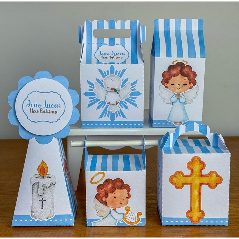 PEGUE E MONTE - Kit Festa Personalizados - BATIZADO AZUL - Lembrancinhas Caixinhas para festa