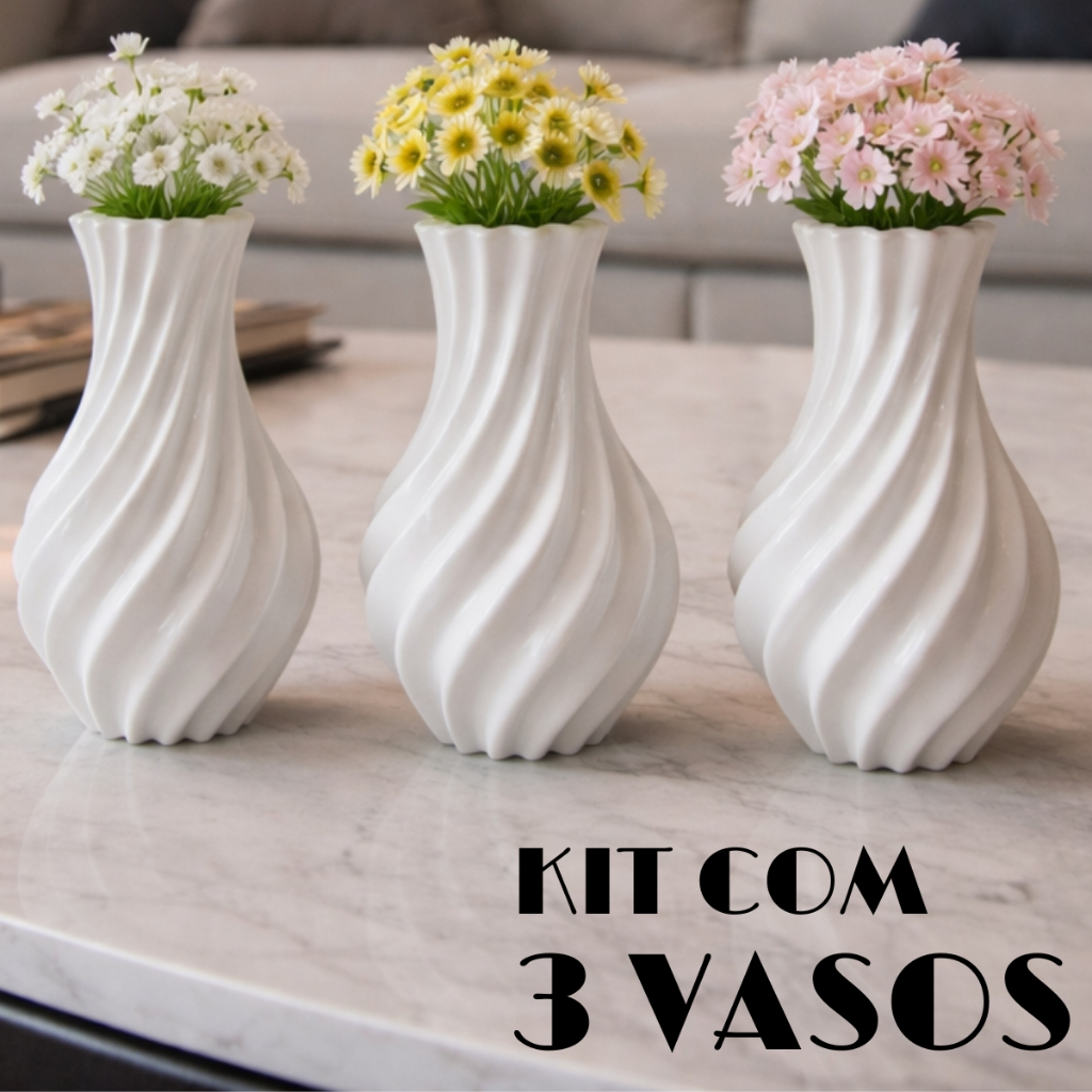 Kit 3 Vasos Decorativos Espiral 3D Cachepot Moderno para Sala Mesa Decoração Flores e Plantas