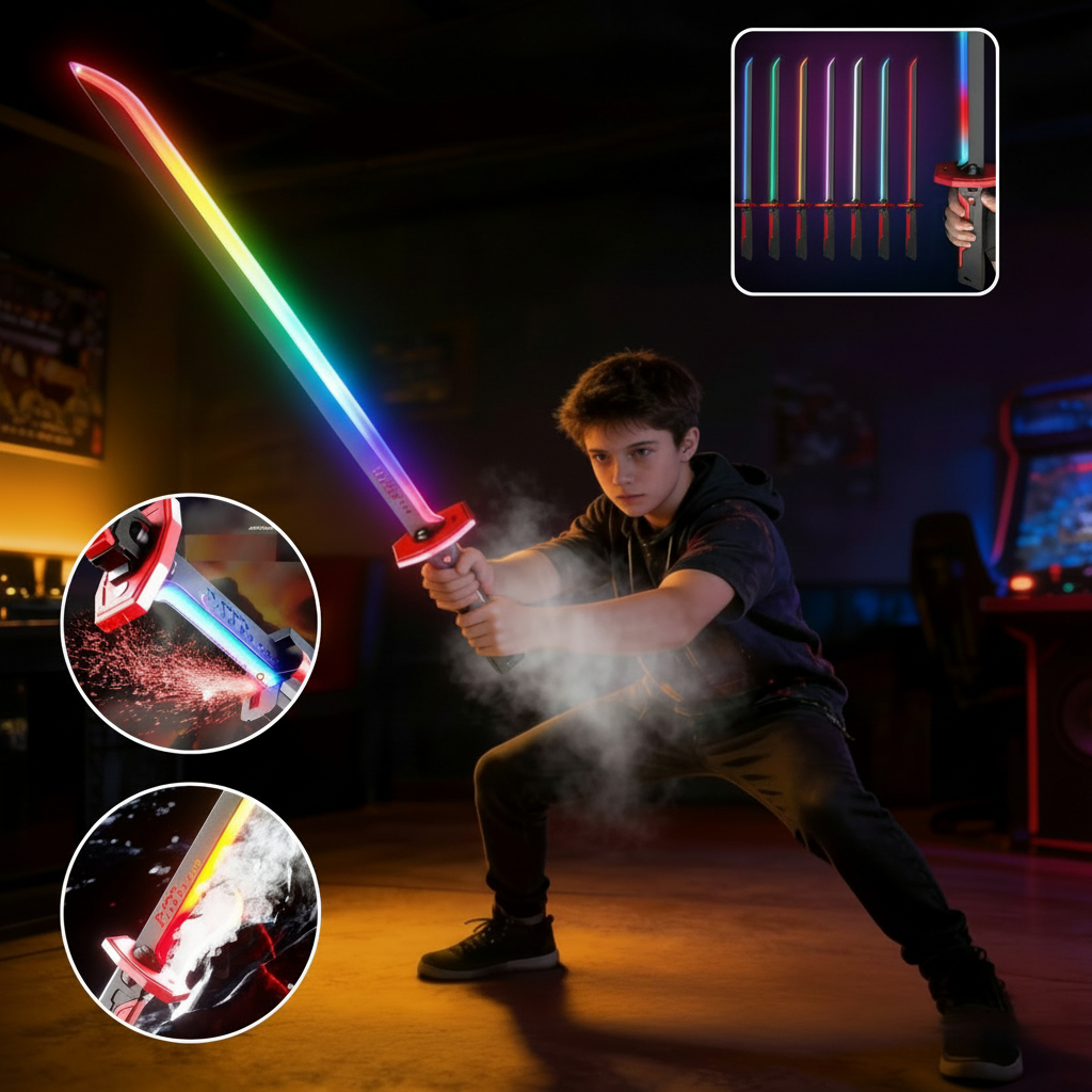 Espada Ninja Com Faísca Led RGB Colorido Sabre Samurai Katana Com Som E Fumaça Brinquedo Cosplay