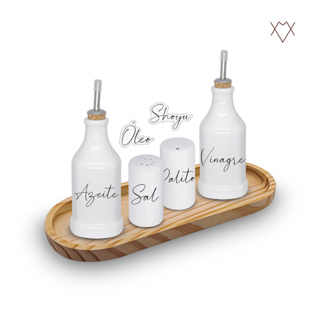 Kit Galheteiro Porta Temperos de Porcelana com Bandeja em Madeira Pinus em Oferta na Shopee