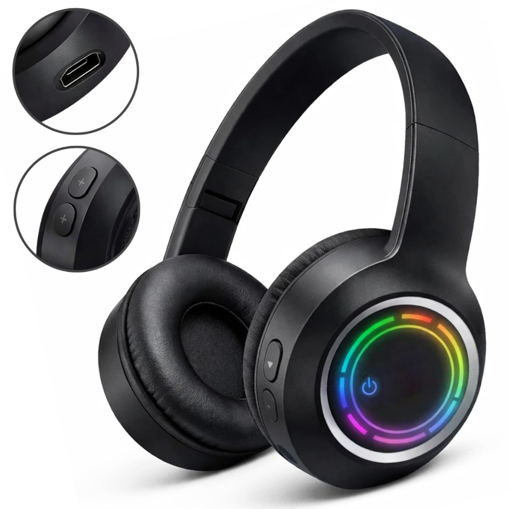 Fone de Ouvido LED Sem Fio Bluetooth RGB Microfone