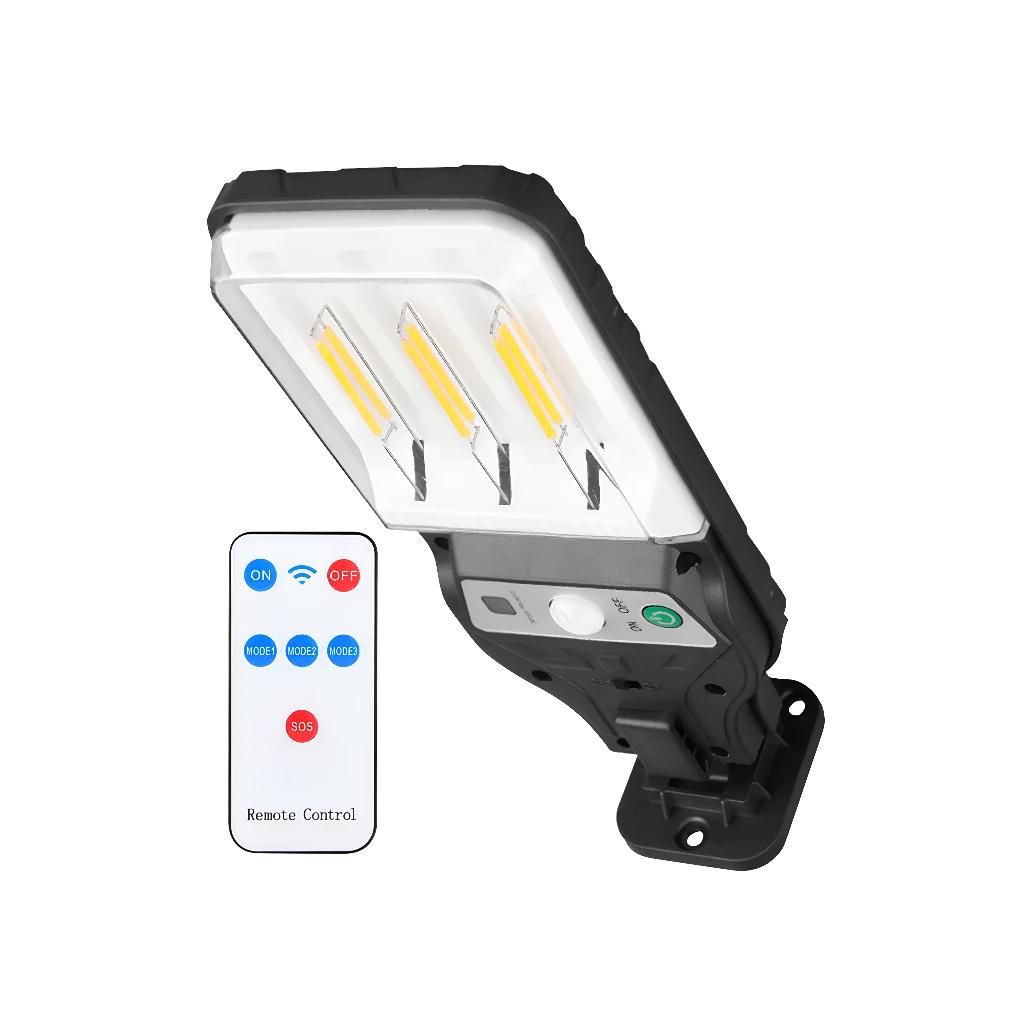 Luminária Solar Poste Refletor LED 3 Filamento com Sensor Presença Luz Branca Quente Jardim Parede
