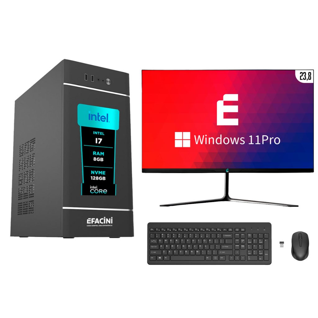 PC Computador Completo eFacini Intel Core i7 8GB Windows 11 Pro Kit sem Fio SSD