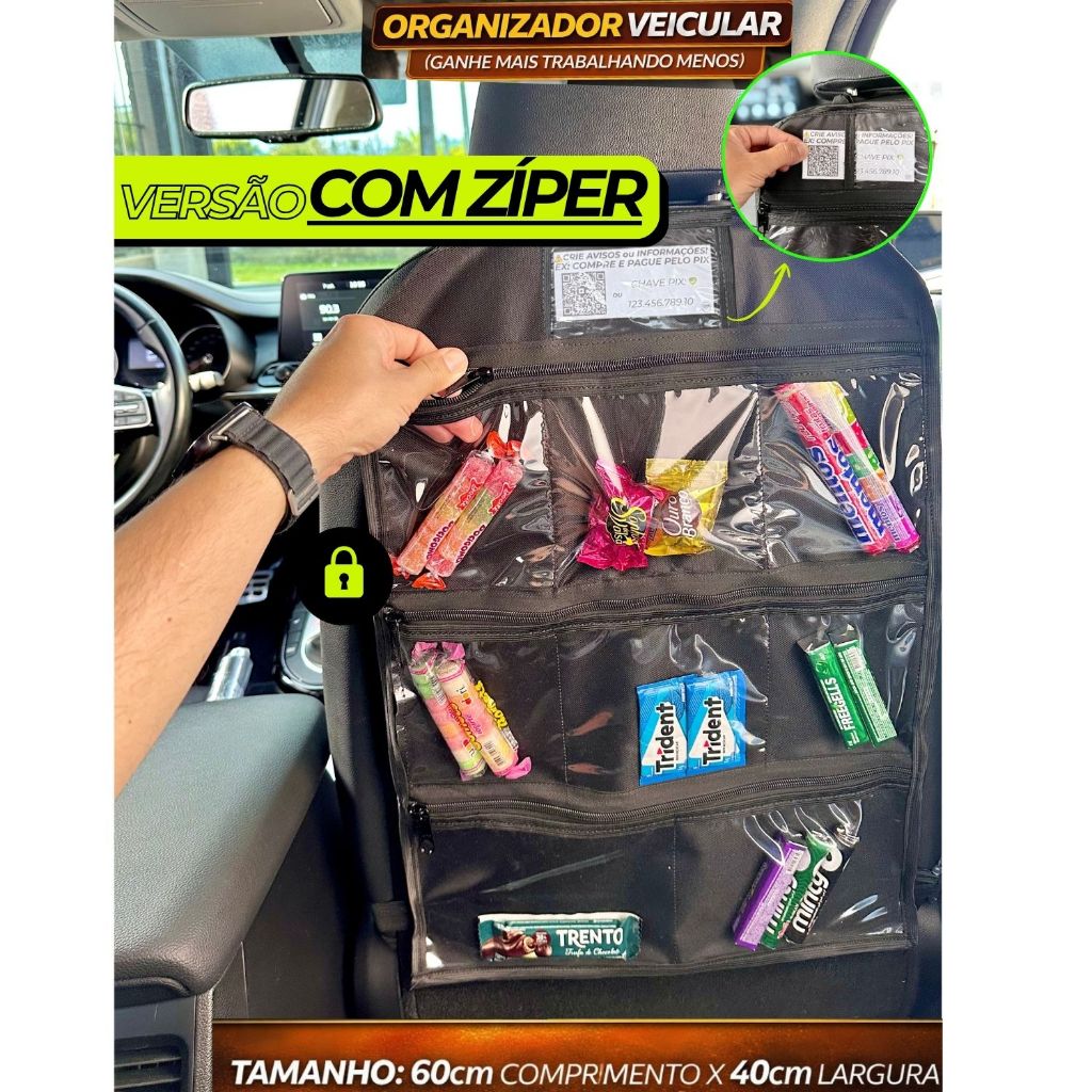 Organizador COM ZÍPER Para Motorista UBER/99/INDRIVER Porta Objetos de Banco Carro COM PAINEL VISOR Para Recado