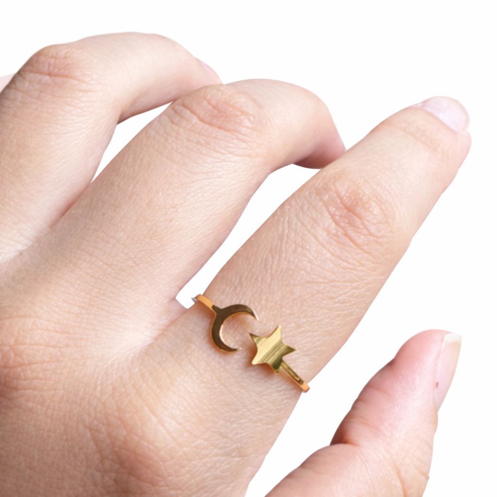 Anel Lua e Estrela Dourado Aço Inox Feminino Delicado Minimalista Antialérgico