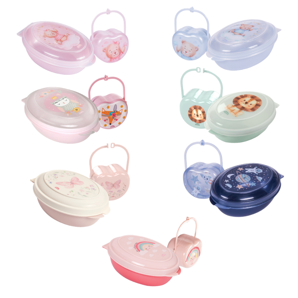 Kit 2 Pç Plasútil Porta Chupeta c/ Alça + Saboneteira c/ Tampa Infantil Para Bebê - Menina ou Menino