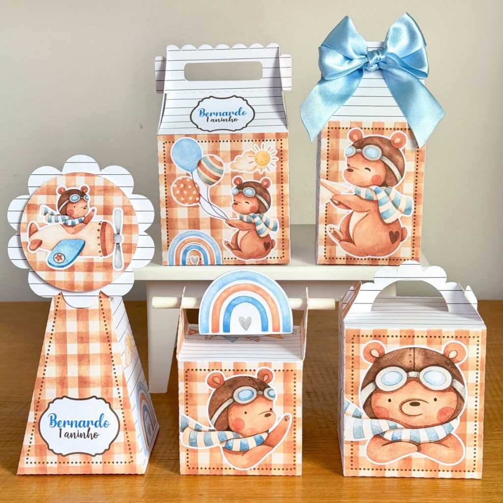 Kit Caixas Personalizadas - Tema Ursinho Aviador - Decoração- Festa Infantil