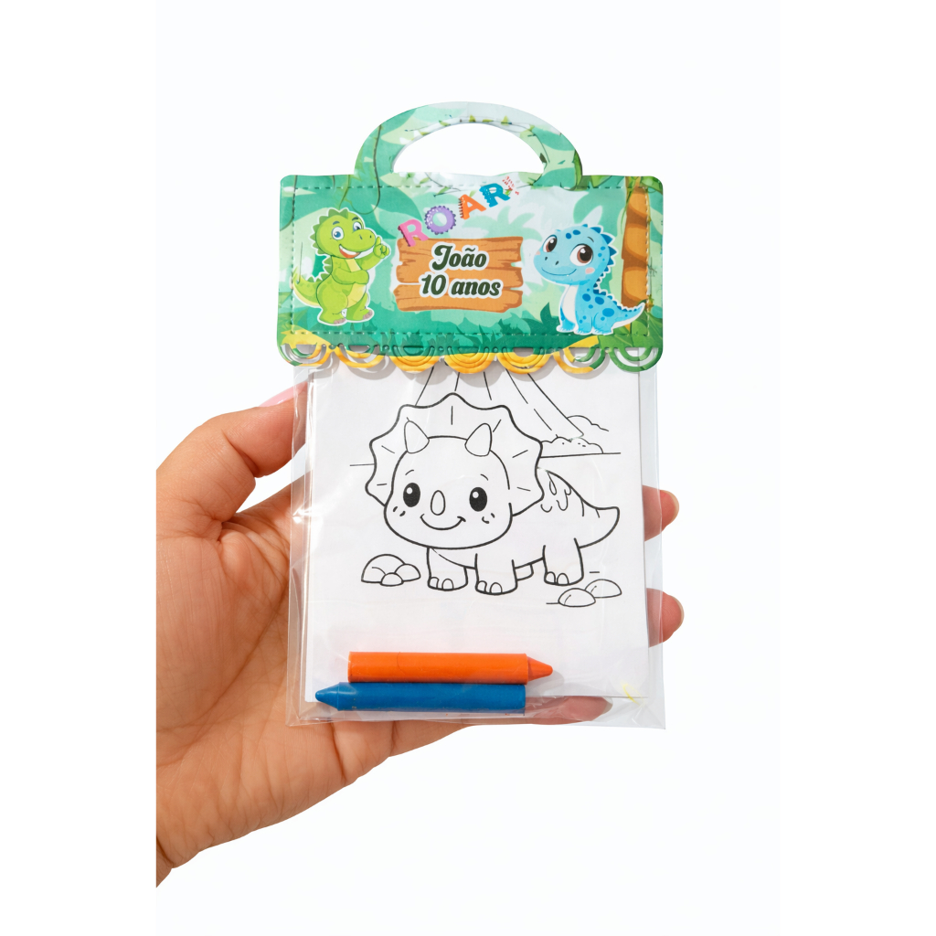 10 lembrancinhas de colorir tema Dinossauros para aniversário. Kit lembrancinha de colorir personalizada para aniversári