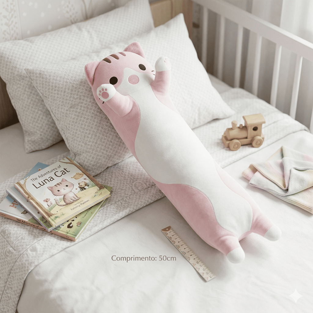 Travesseiro Gatinho Pelucia 50cm Almofada Rolinho Protetor Xuxão Infantil Almofada Pet