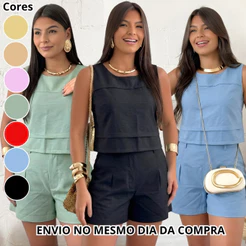 Conjunto Feminino Alfaiataria Short e Blusa Verão Social Elegante Casual Tendência Luxo Não Fica Transparente