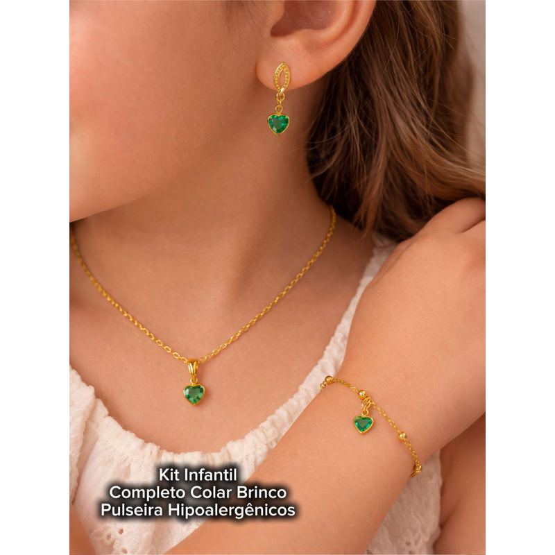 Kit Completo Infantil Coração Folheado a Ouro 18K – Colar, Brinco e Pulseira