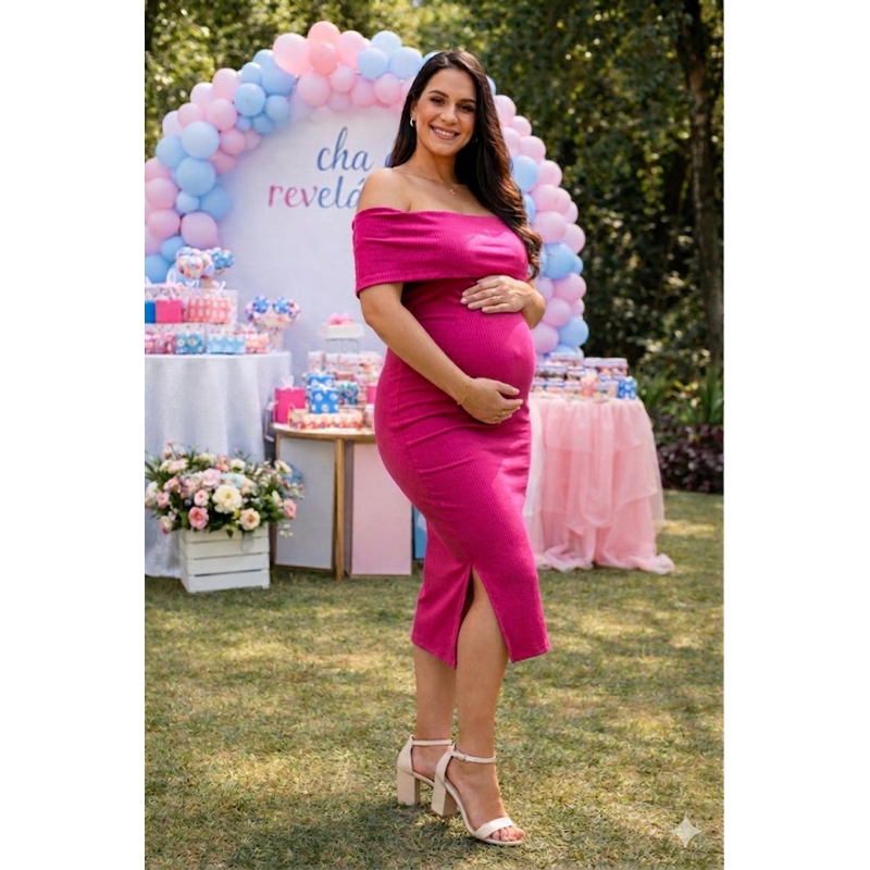 Vestido para Grávida Midi Elegante com Fenda para chá de fralda e ensaio gestante