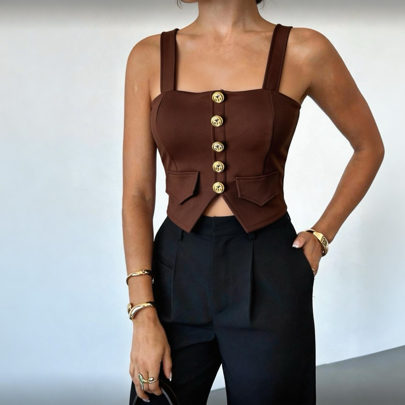 Cropped colete corselete Frente Única Feminino Chic com Botões e Bojo Elegante