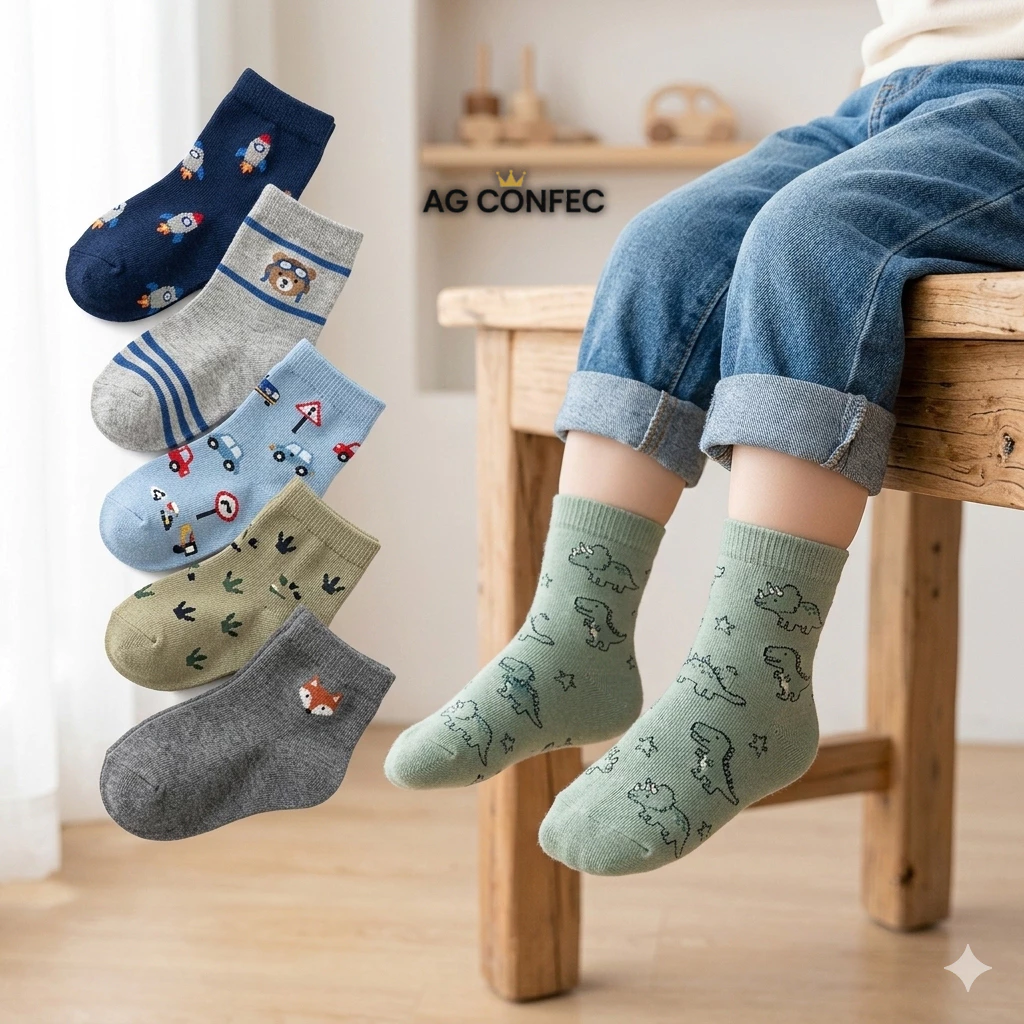 Kit 24 Pares de Meias Infantil Masculina Coloridas Estampada Algodão Macio e Confortável