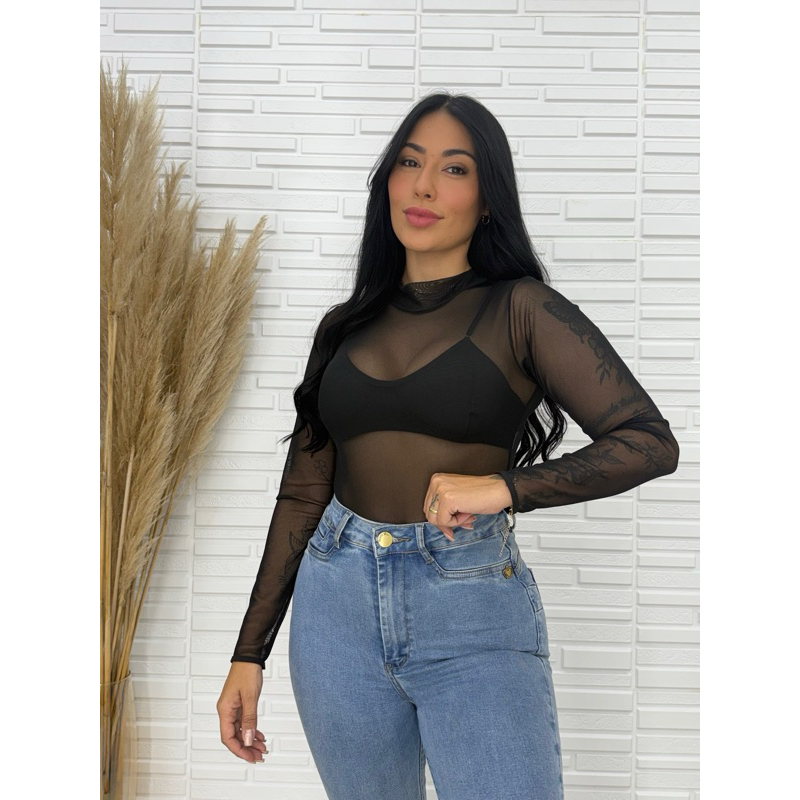 Body Tule Feminino Liso Manga Longa De Malha Tule Balada Festa