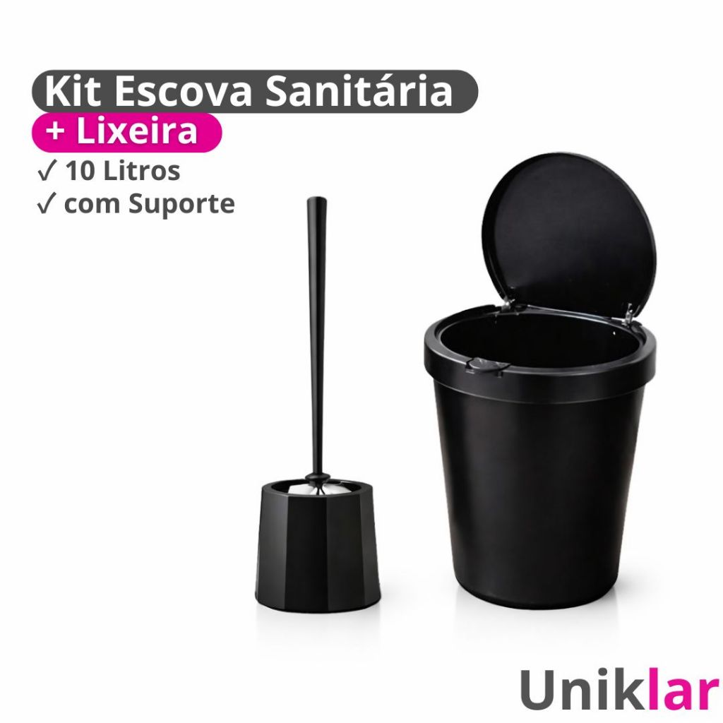 Kit Lixeira 10 Litros Preta Com Tampa Click E Escova Sanitária Com Suporte