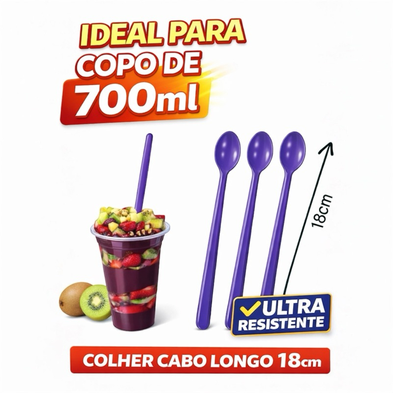 Kit 100 á 600 Colheres 18cm Cabo Longo Roxa para Açaí