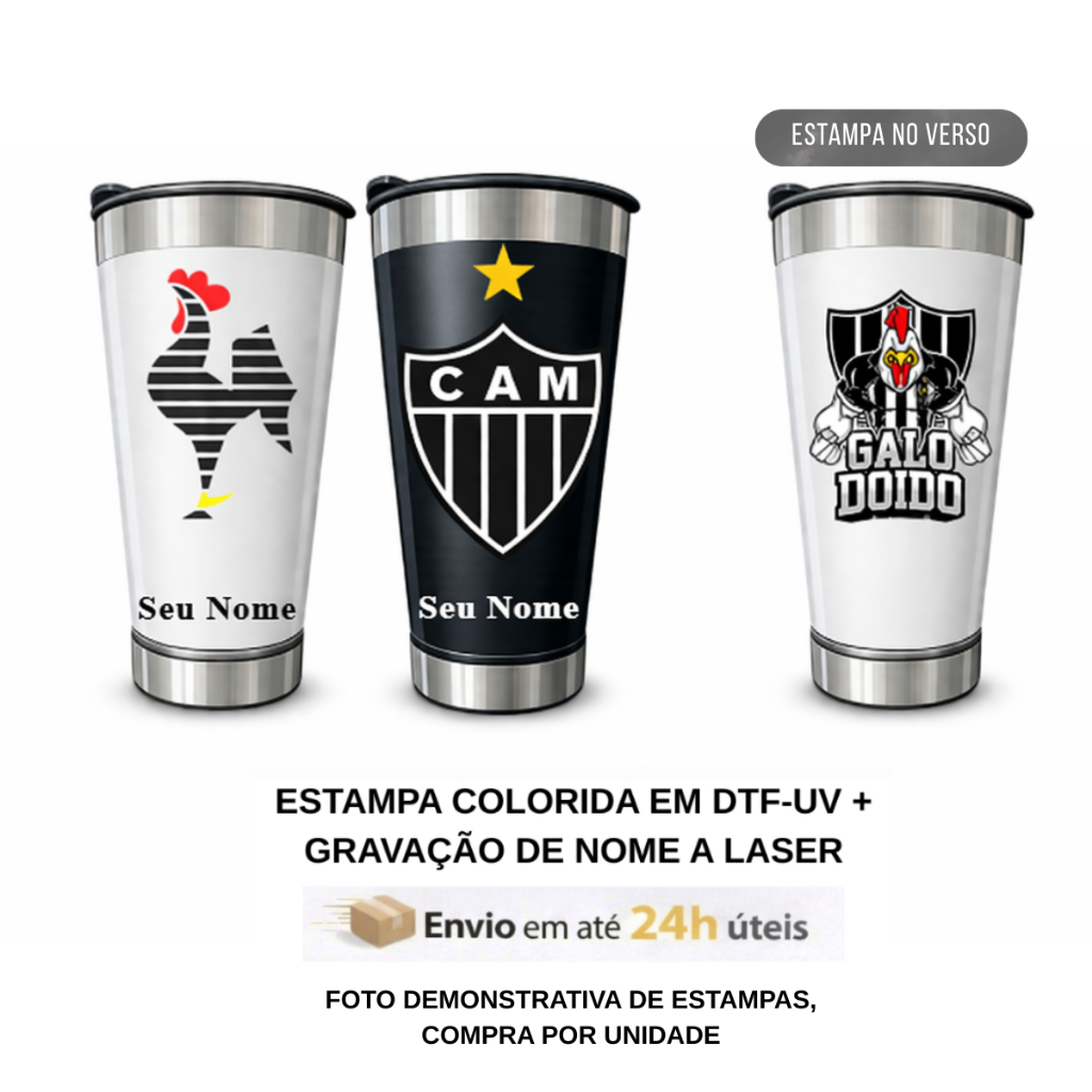 Copo Térmico inox 473ml Personalizado Time Atlético MG - Presente Futebol/Torcedor Galo Doido