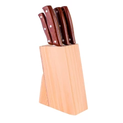 Jogo de Facas Inox 5 Peças com Cepo de Madeira Faca de Carne Pão Legumes Cutelo Cozinha Bene Casa