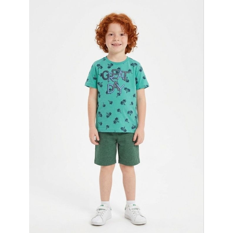 Conjunto Infantil Masculino Camiseta Verde Estampa Tropical + Bermuda Confortável Verão Brandili