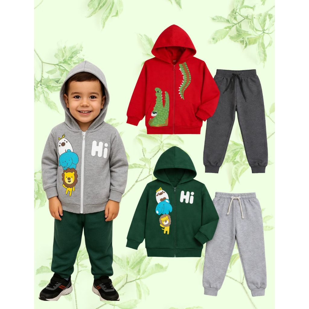 Kit Conjunto Infantil Masculino Moletom Flanelado Capuz Inverno Blusa + Calça Quentinho 2 a 10 Anos