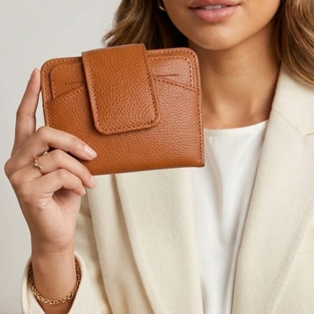 Carteira de Couro Legitimo com Porta Cartões Removível, Espelho e Zíper para Moedas luxo premium