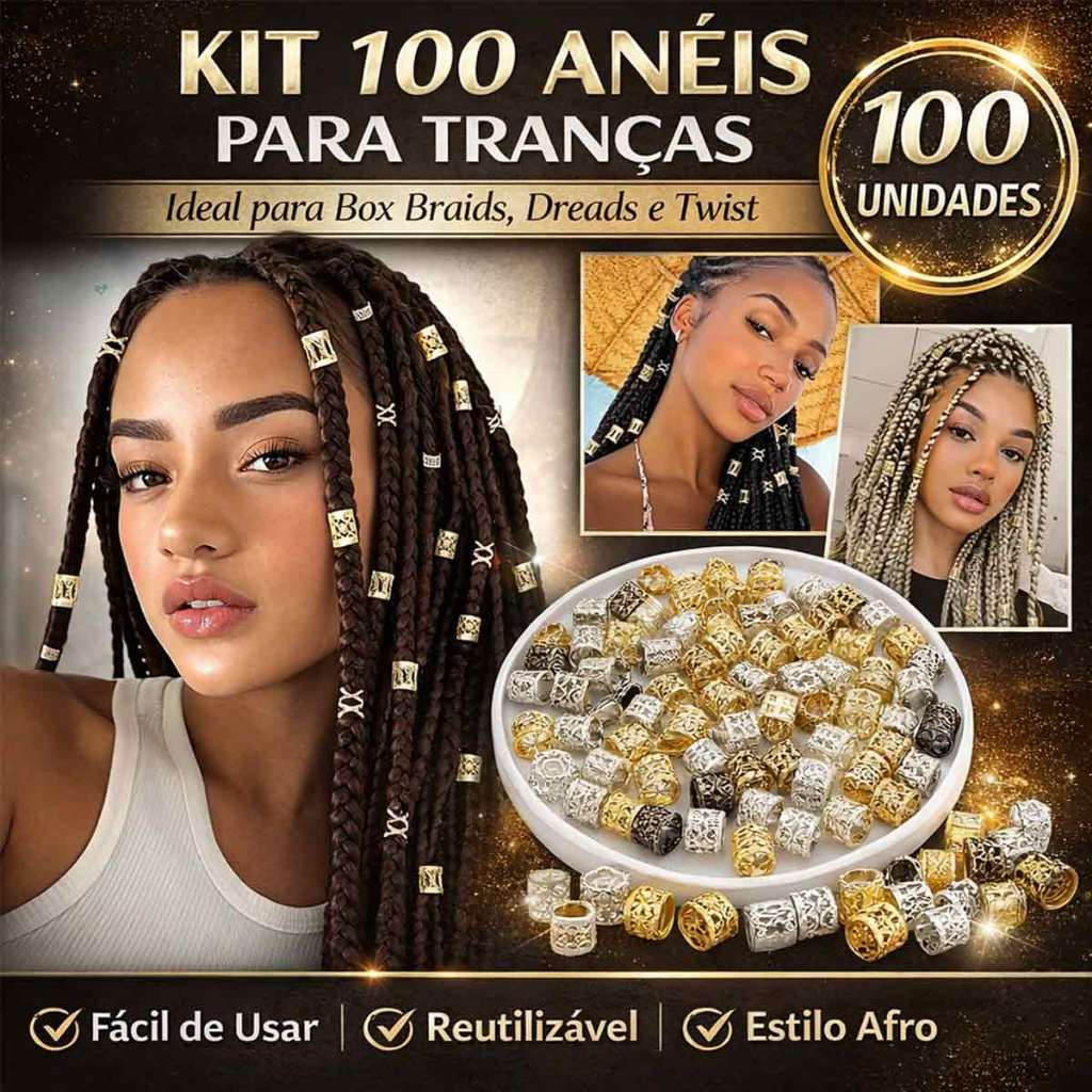 100 Anéis para Tranças Box Braid e Dreads | Acessórios Metálicos Decorativos para Cabelo Afro e Twist