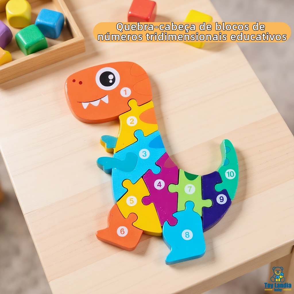 Quebra-Cabeça de Dino 3D em Madeira - Brinquedo Educativo Montessori para Bebês e Crianças Pequenas