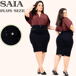 Saia Plus Size PREMIUM  Evangelica Jeans Na Cor Preta Amaciada Do 46 ao 54