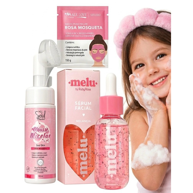 Kit Skincare Infantil Melu Melancia + Mousse Micelar + Máscara Facial Rosa Mosqueta Spa Day Menina em Oferta na Shopee