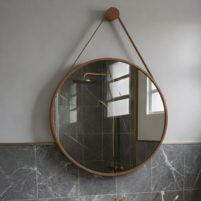 Espelho Redondo Adnet 40cm com Alça de Couro e Suporte Decorativo