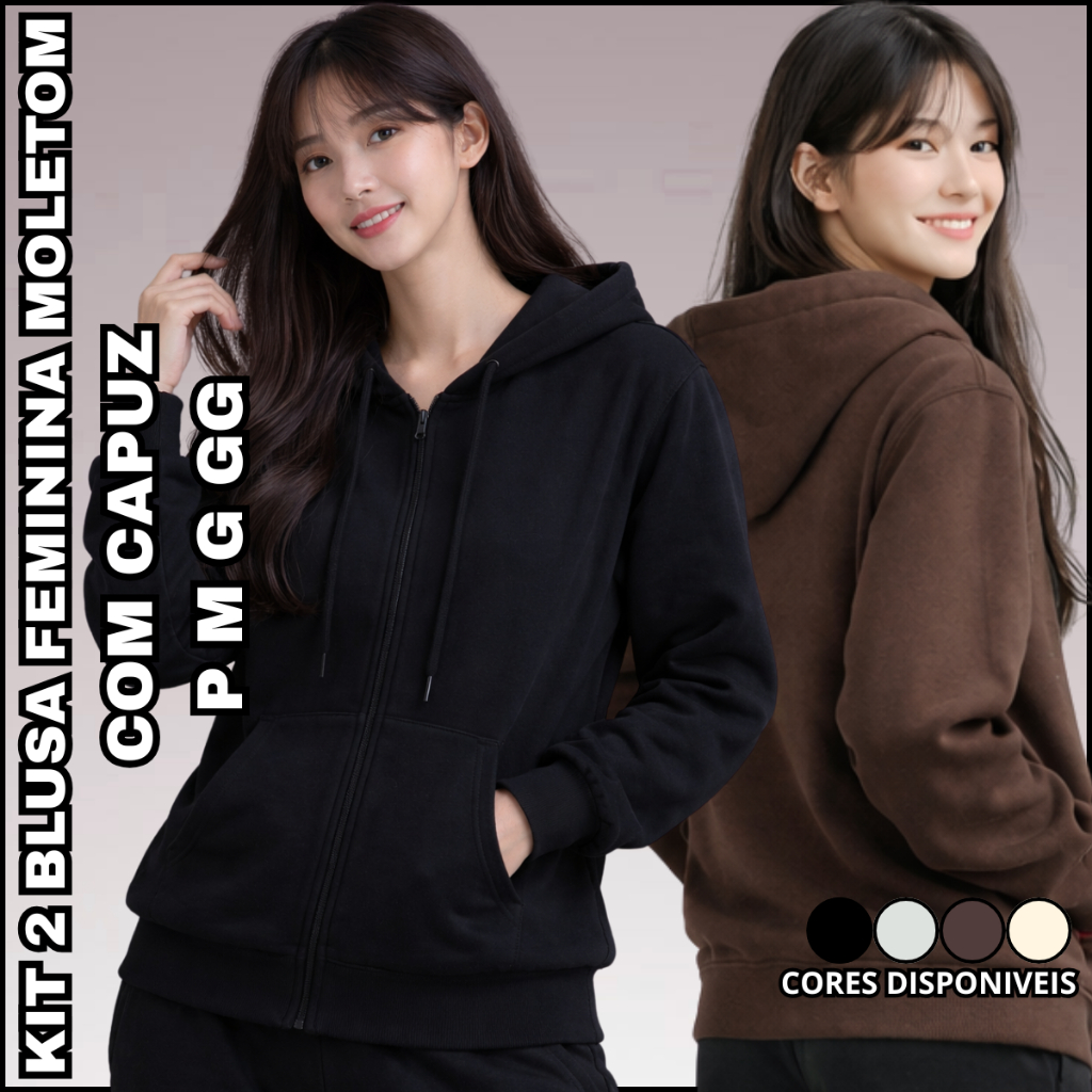 Kit 2 Blusa Moletom Feminino Frio Casaco Flanelada Fechamento Em Zíper Casual Inverno P Ao GG