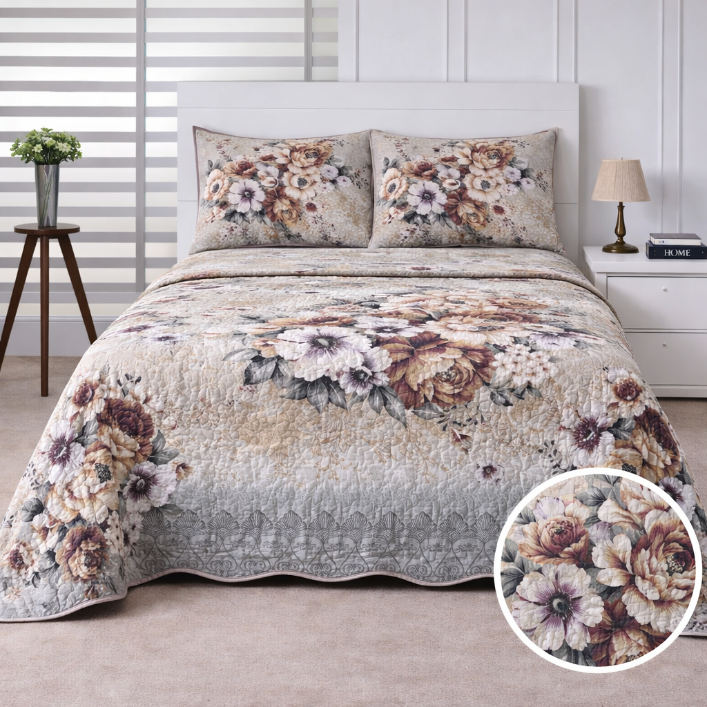 Kit Colcha Cobre Leito 3 Peças Queen 2,40x2,60 Dupla Face Estampado