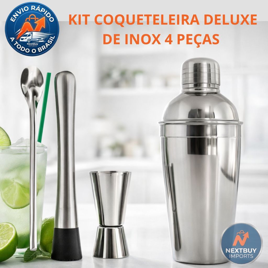 Kit Coqueteleira Inox 500ml 4 Peças Profissional Shaker Bartender Caipirinha Drinks Bar Barman Luxo