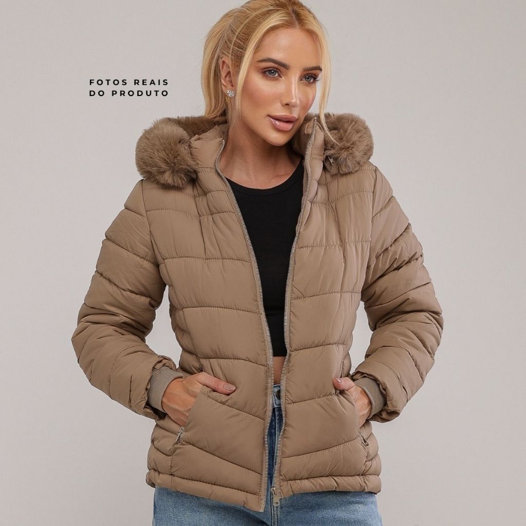 Jaqueta Feminina Puffer Bobojaco Forrada Pelinho Capuz Removível Quentinha Inverno Alba