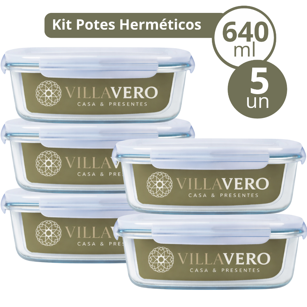 Conjunto 5 Potes Vidro Hermético Marmita 640ml Mantimento Fitness Dieta Vai na Geladeira Microondas