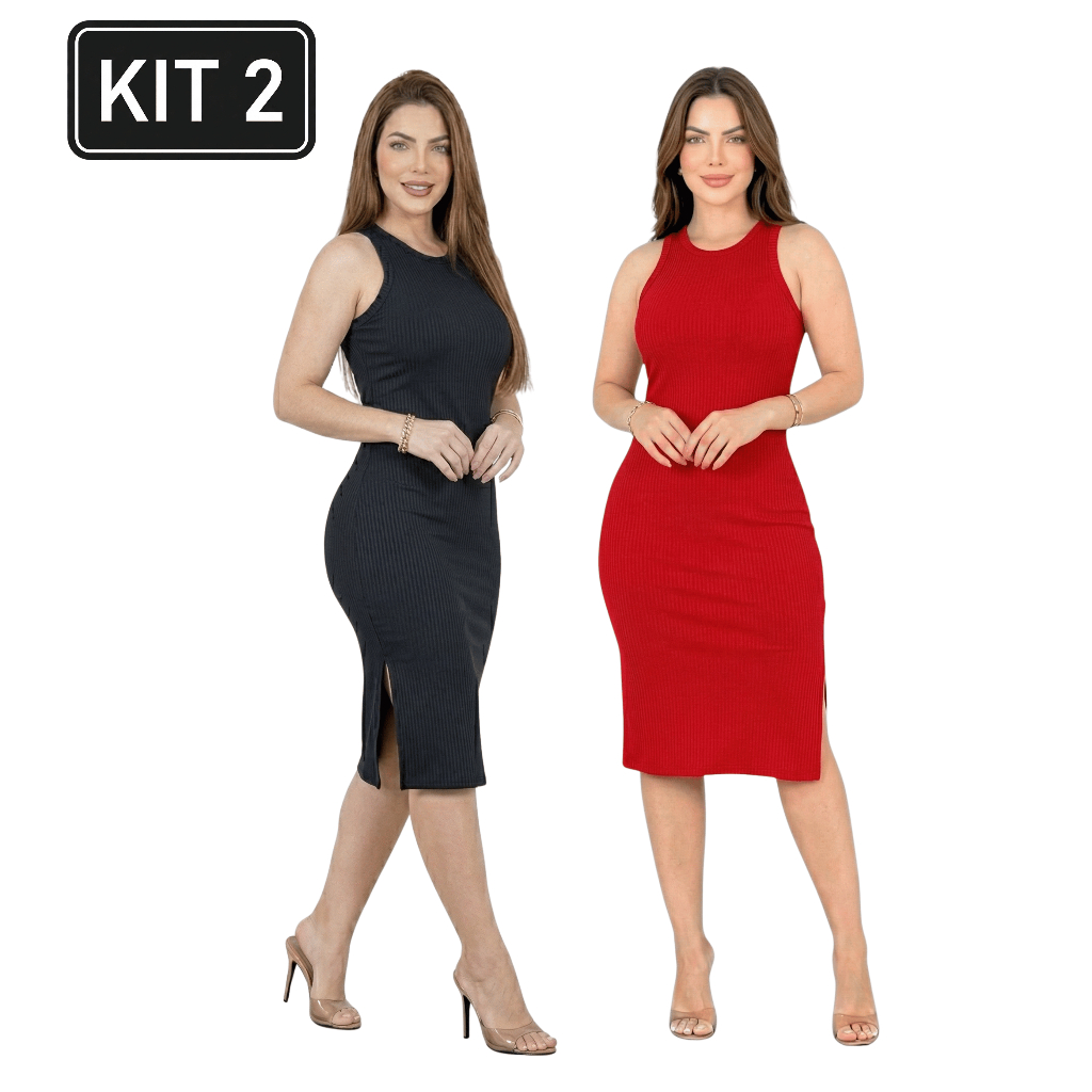 Kit 2 Vestido Midi Feminino em Canelado Regata com Fenda Lateral Estilo Sofisticado Confortável Elegante Casual do P-EXG