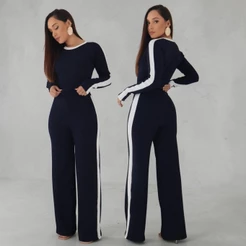 Conjunto Feminino Manga Longa + Calça Cintura Alta Com Listra Lateral Elegante Tendencia