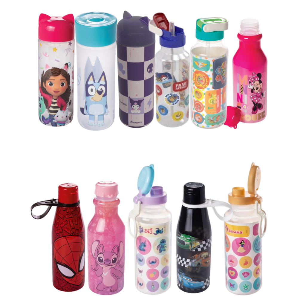 GARRAFA PLASTICA PLASÚTIL INFANTIL ADULTO REI LEAO STITCH MICKEY MINNIE HOMEM ARANHA DIVERTIDAMENTE