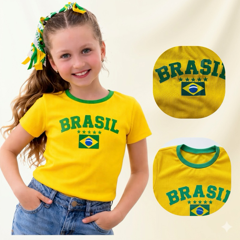 blusa camiseta infantil juvenil menina brasil copa do mundo torcedora futebol
