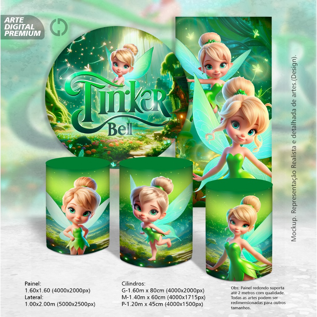KIT PAINEL DE FESTA TINKERBELL SININHO - 1 REDONDO 150X150 + 1 LATERAL 2X1 + 3 CAPAS CILINDRO