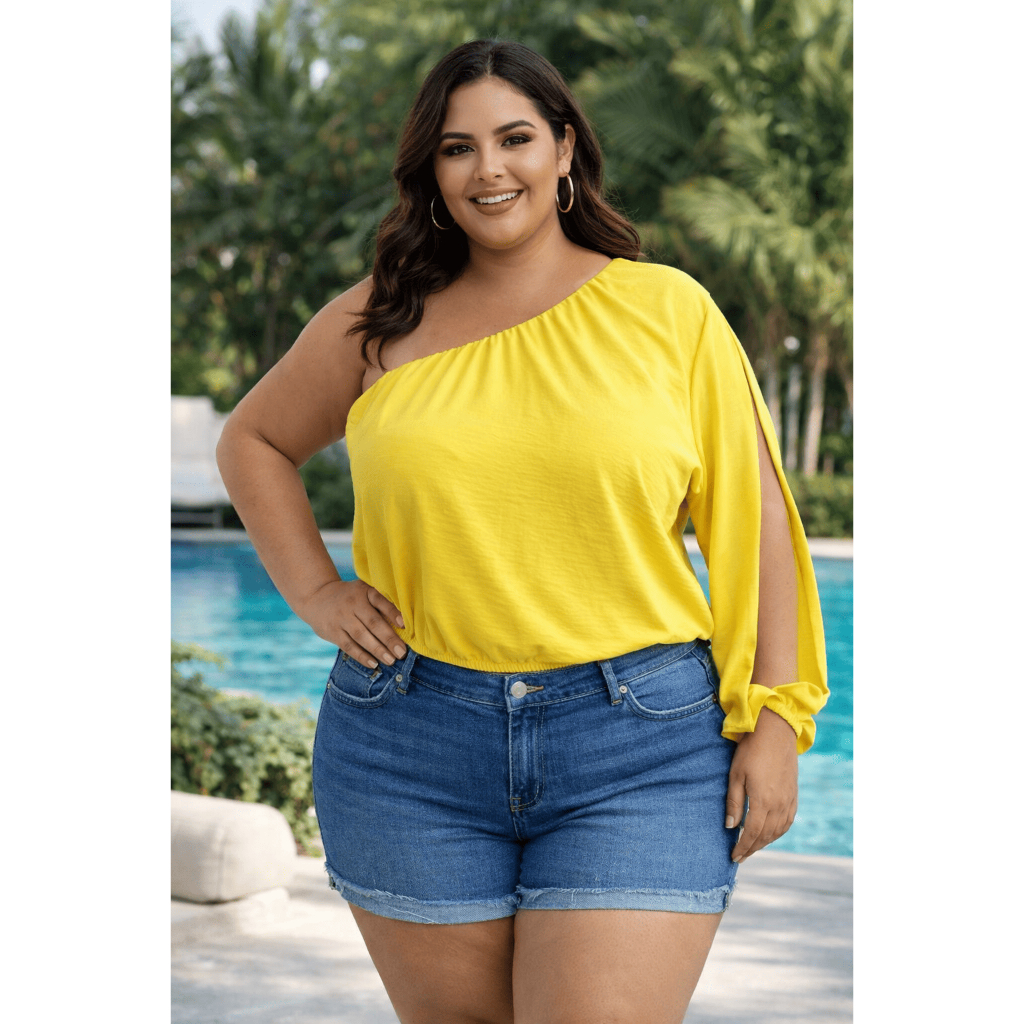 Blusa Feminina Plus Size Ombro Único Brasil Copa do Mundo 2026 Curve Estilosa