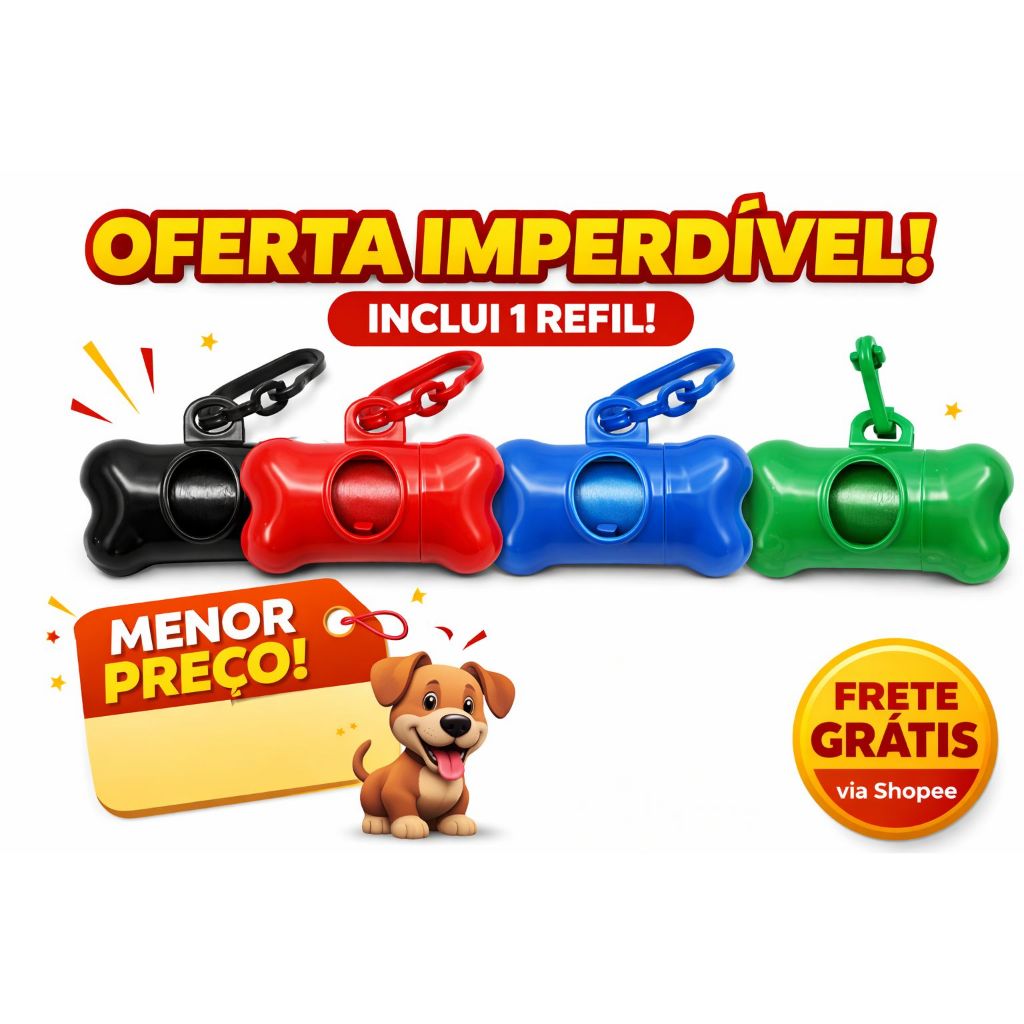 Kit Cata Caca Porta Ossinho + 2 Refil Saquinhos Cata Caca Higienicos Cachorro Gato