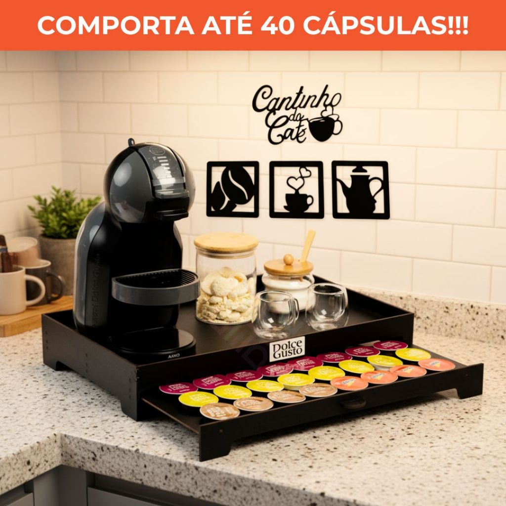 Bandeja Cantinho do Café Porta 40 Cápsulas Suporte Organizador Dolce Gusto Nespresso 3 Corações MDF