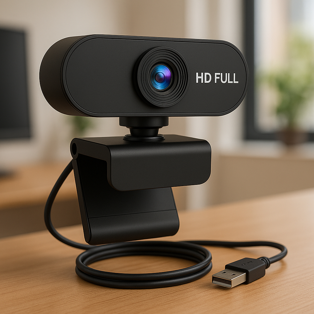 Webcam Preta Full HD 1080p USB Gira 360º Com Microfone Top Visão Integrado PC Note