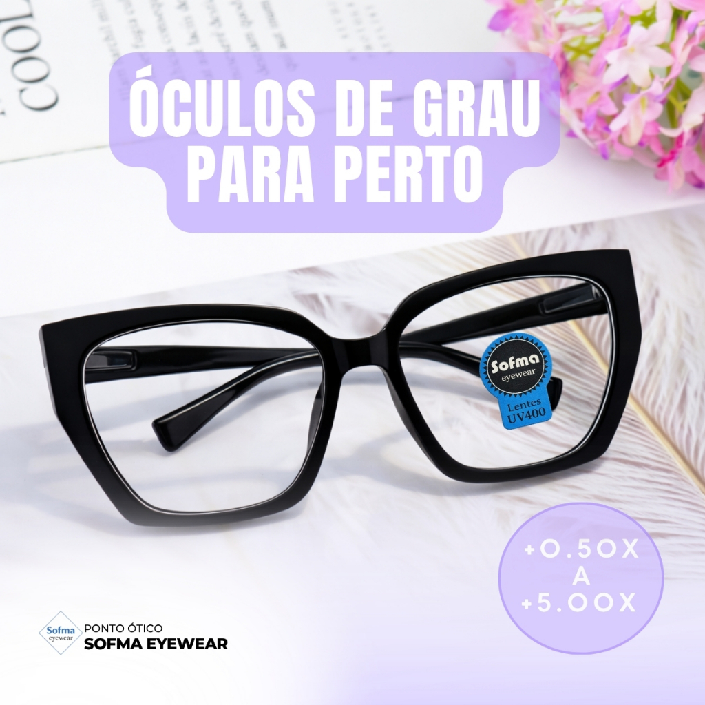Óculos Hexagonal Marília Grau +0,50 a +5,00 Feminino Leitura Hipermetropia Preto