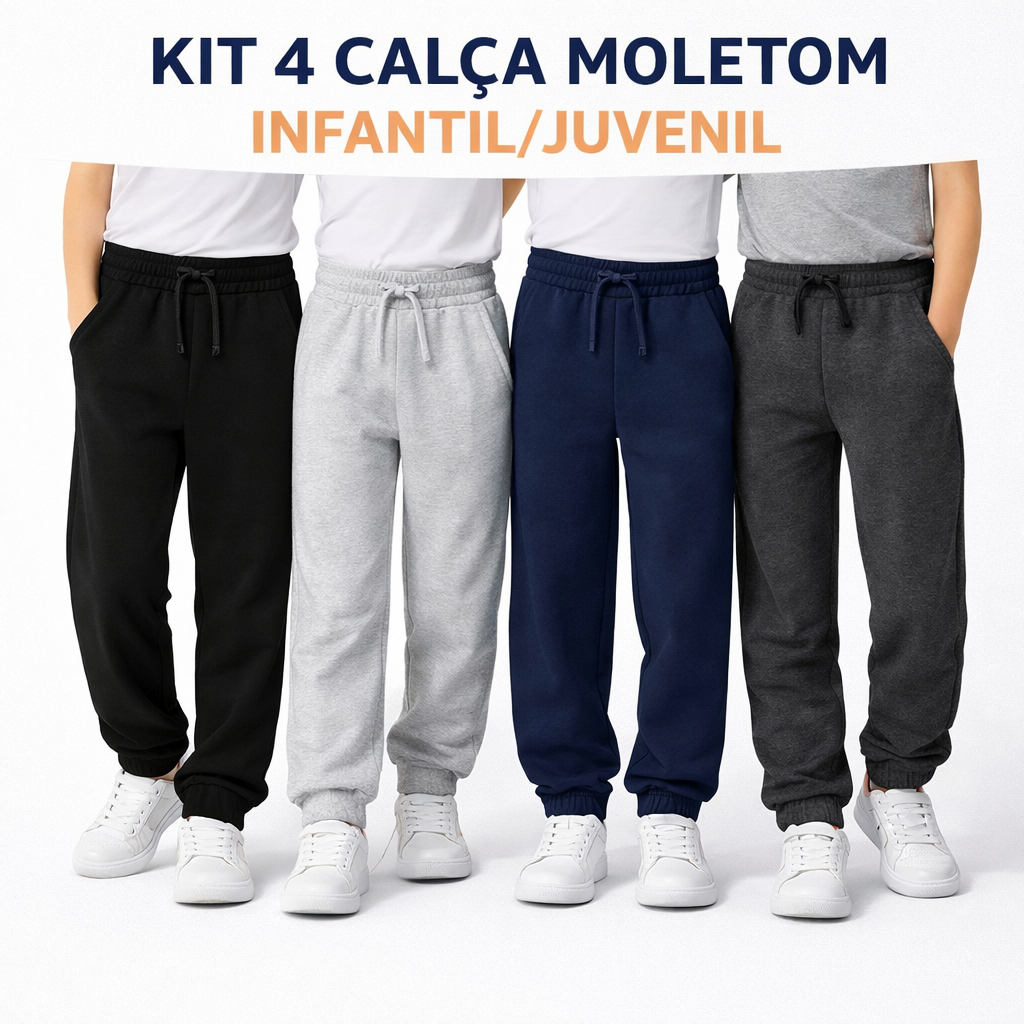 kit 4 Calças Moletom Infantil Juvenil Flanelada PELUCIADA com Bolso e Punho Cordinha Ajustável em Oferta na Shopee