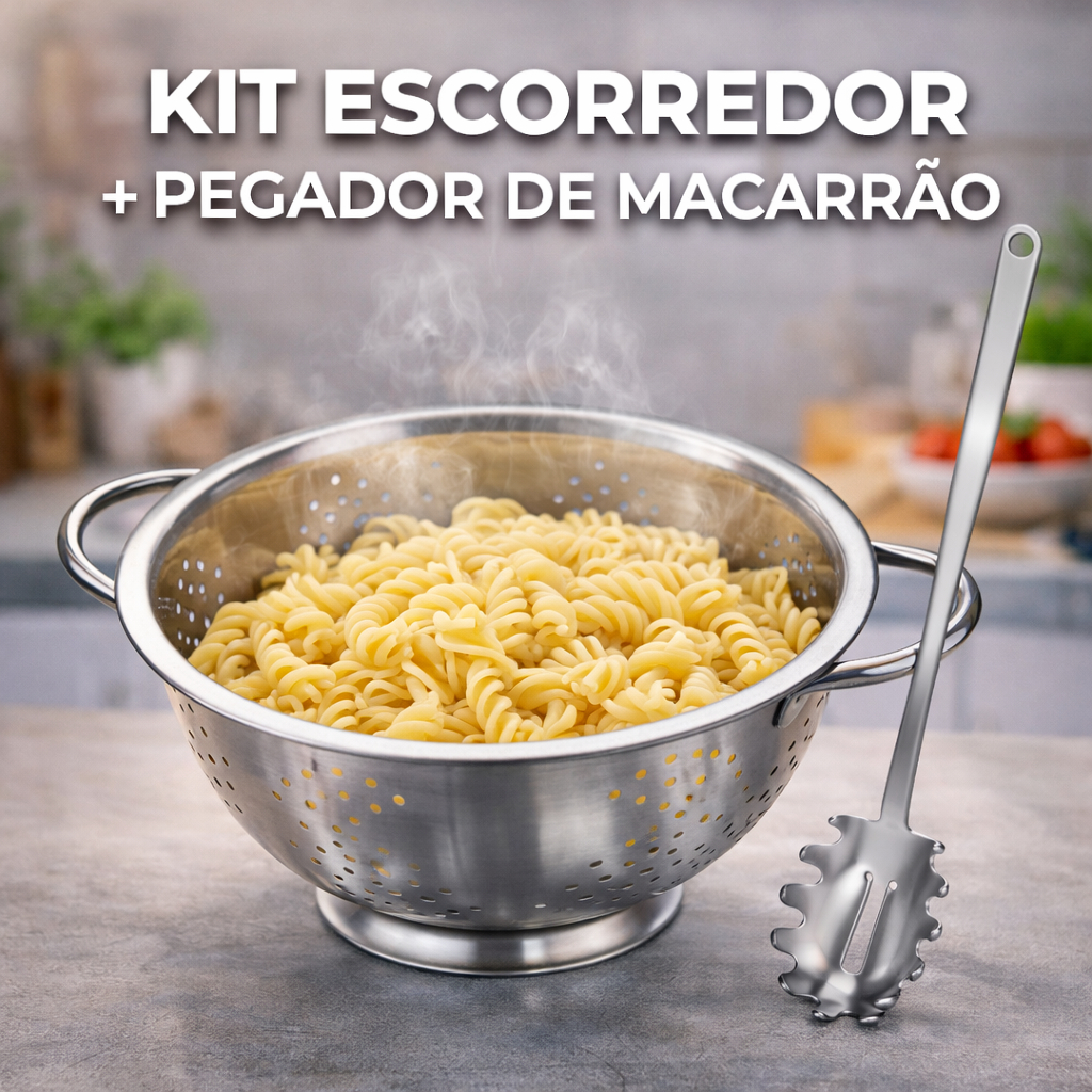 Escorredor em Aço Inox 2,3 L com Alça para Massa Macarrão Legumes e Outros Alimentos