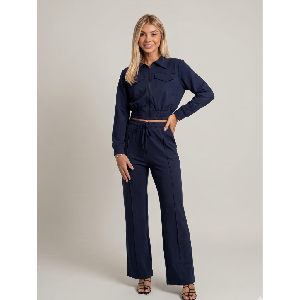 Conjunto Blusa e Calça de Moletinho Feminino Casualidade e Conforto Outono Inverno Cintura Elástica