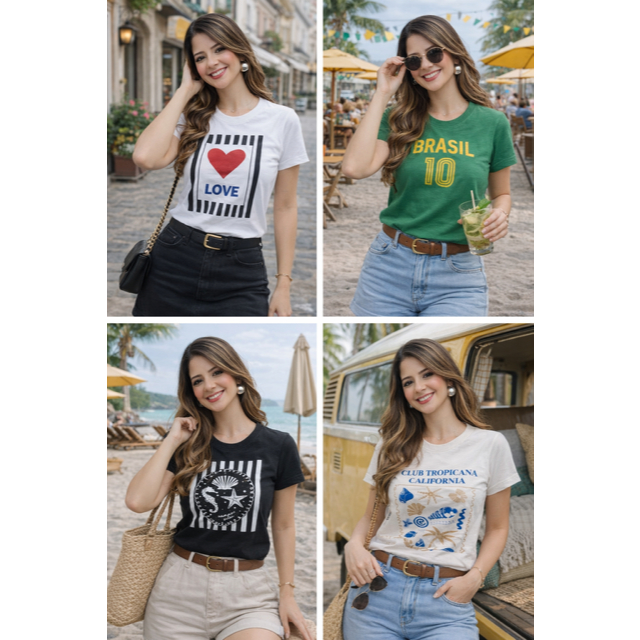 Kit com 3 Blusa Feminina T-shirt 100% Algodão + 1 da Seleção Brasileira - Copa